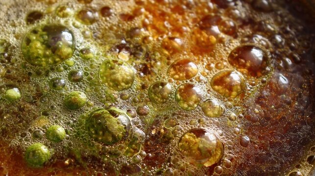 Refreshing bubbles and foam form on top of a brown fizzy drink, highlighting the vibrant carbonation on a sunny afternoon. The drink is enticing and full of energy.