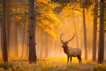 Elk Stands Tall in a Golden Forest Representing Strength and Nobility During Autumn in North America