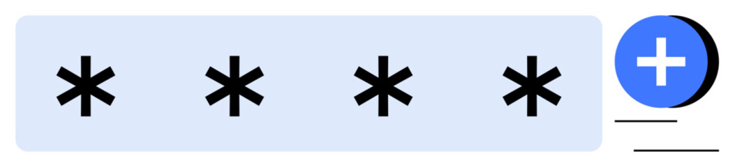 Password concept. Password entry with concealed characters and a plus icon indicating addition or security feature. Passwords ensure secure access to digital platforms. For cybersecurity, apps, tech