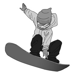スノボでジャンプする男性　グレー