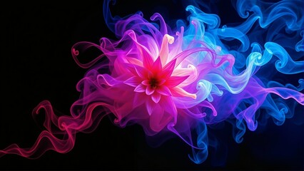 Obraz premium Glowing orange and yellow digital flower surrounded by red, purple, and blue smoke on a black background, creating a fiery abstract floral composition.