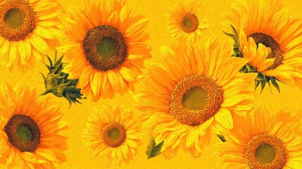 Fototapeta premium Sunflowers are beautifully arranged against a warm yellow background, highlighting their vivid colors and intricate details. This lively scene captures the essence of summer blooms.