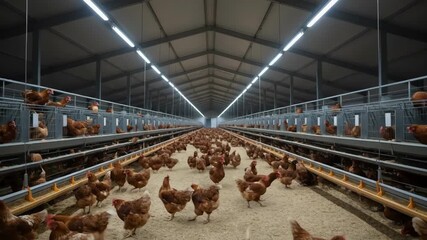 Medium shot of automated dimmable LED lighting adjusting brightness seamlessly in a poultry house enhancing animal comfort and promoting healthier laying cycles.