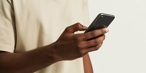 Close-up of a dark skin person's hand holding a black smartphone against a neutral beige background, illustrating modern mobile technology and communication for digital connection.