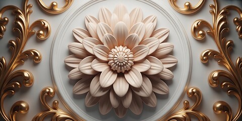 Luxurious 3D floral centerpiece with elegant gold ornate baroque scrollwork creates a symmetrical decorative background, perfect for lavish luxury designs.