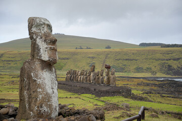 Majestic Moai Statues at Ahu Tongariki, Easter Island Landscape