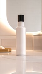 Fototapeta premium White cosmetic product bottle mockup on a modern bathroom marble vanity counter.