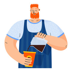 Hand-drawn vector of a red-haired, long-bearded barista brewing coffee with a V60 dripper. Ideal for caf&eacute; menus, coffee shop branding, web graphics, and various printed designs. Isolated on white.