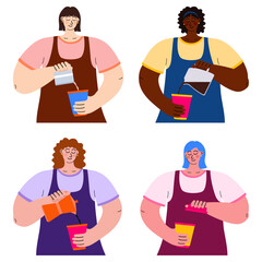 Hand-drawn vector set of female baristas preparing various coffee drinks. Ideal for caf&eacute; menus, coffee shop branding, web visuals, and printed materials. Isolated on a clean white background.