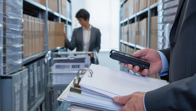 Archival staff organizing chronologic case files with scanner in legal storage