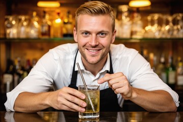 Friendly male bartender preparing a cocktail at a warmly lit bar counter, smiling