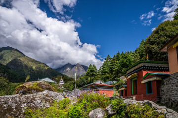 An mountain landscape with mani stone in Phakding village. Everest base camp trek, Khumbu, Nepal.