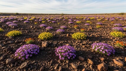 Vibrant purple and yellow wildflowers bloom across a vast, arid, rocky desert landscape under a bright blue sky with wispy clouds