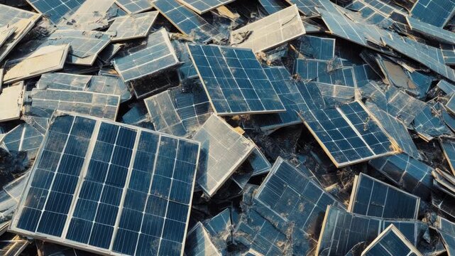 Video A pile of broken solar panels sits atop a pile of rubble, with potential uses in science and technology , or environmental activism quality footage