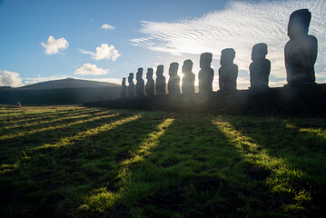 Moai statues at Ahu Tongariki in dawn light on Easter Island