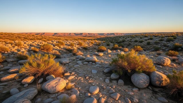 Vast arid desert landscape at sunrise or sunset with low scrub brush and scattered round rock formations under a clear blue sky, emphasizing the rugged terrain