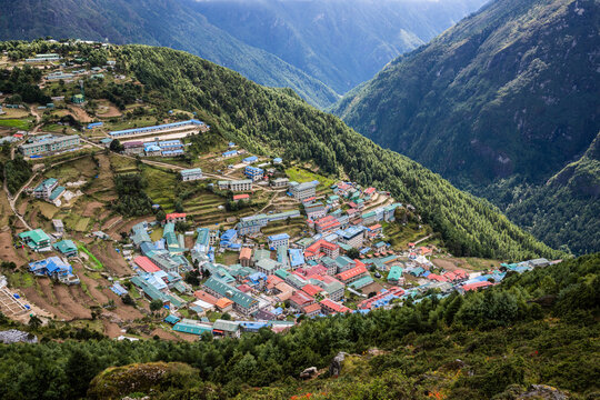 Namche bazaar, a capital of Solukhumbu region and a place for rest and acclimatization on the Everest base camp trekking, from above. Sagarmatha national park, Nepal.