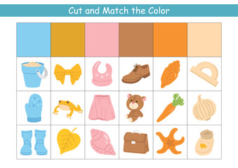 Educational cut and match colour color activity for kids. Worksheet with coloured squares and various objects for children to match by colour, ideal for preschool learning and fine motor skill practic