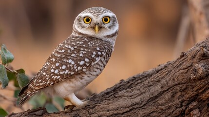 Fototapeta premium Owl Perched on Old Tree at Dusk Under Soft Light Symbolizing Wisdom in Greek Culture While Observing Surroundings Carefully During Evening Hours