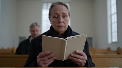 Elderly woman seated in a chapel reads a hymnal with solemn, reflective focus