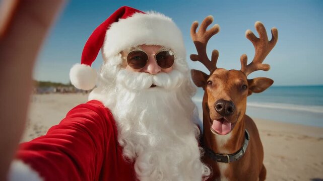 Santa Claus and a reindeer dog taking a selfie on a sunny beach during holidays