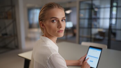 Woman using AI assistant on tablet in modern office, focused and professional
