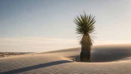 Solitary yucca plant stands tall against the sweeping, windblown white sand dunes under a pale, warm sky during golden hour in a desert landscape
