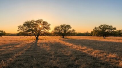 Scenic view of several silhouetted oak trees casting long shadows across a dry, golden field during a vibrant sunset or sunrise with warm light filtering through the leaves