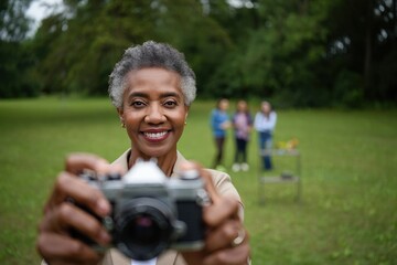 Senior woman with short gray curls smiling warmly while holding a vintage camera