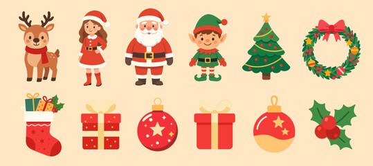 Christmas characters and objects illustrations set. Vector cartoon clipart for Christmas decorations. © Maxim Filitov