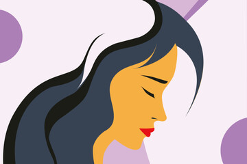 Elegant minimalist female profile illustration with long wavy dark hair and closed eyes on a soft pastel abstract background, modern flat vector art of serene woman, beauty, fashion and inner peace.