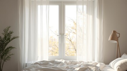 White sheer organza curtains billowing in minimalist bedroom window, ethereal light and airy tranquility. Cloud Dancer Color of 2026.