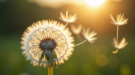 Delicate white seed parachutes from a dandelion ready to disperse, ephemeral airy freedom, macro nature detail, backlit sunlight, magical transient moment.