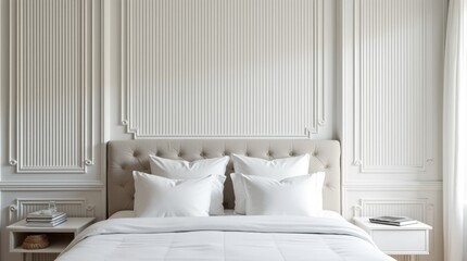 White fluted wood paneling on a feature wall behind a velvet bed, textured architectural calm, bedroom accent detail, serene backdrop. Cloud Dancer Color of 2026.
