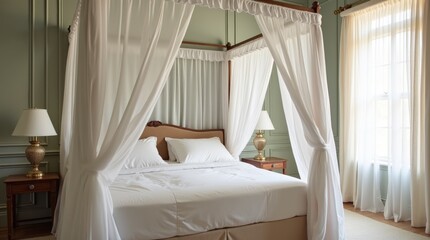 White cotton canopy draped over a four-poster bed in a neoclassical room, dreamy romantic sanctuary, bedroom grandeur, pure ethereal sleep. Cloud Dancer Color of 2026.