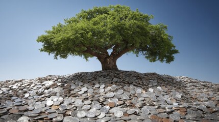 Tree Grows From a Bed of Coins Showing the Importance of Financial Knowledge and Wise Investment Choices in Life