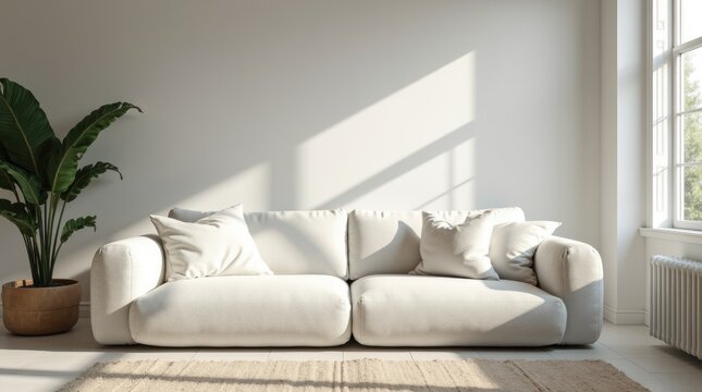 white boucl&eacute; fabric sofa with rounded edges in a sunlit living room, cozy cloud-like comfort, modern scandi lounge. inviting tranquility. Cloud Dancer Color of 2026.