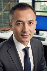 Fototapeta premium Threat assessment specialist in office, frontal portrait with formal suit and focus