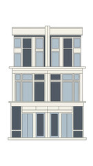 Three-story building facade with multiple windows and doors.