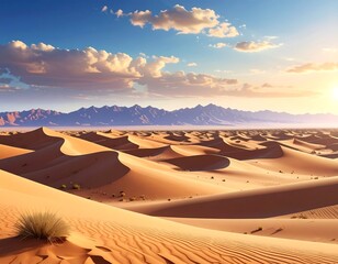 Vast desert landscape, undulating sand dunes under a blue sky