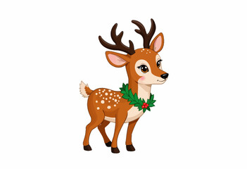 Fototapeta premium Illustration of a cheerful cartoon reindeer with a festive green wreath adorned with berries around its neck, showcasing a whimsical and playful holiday theme.