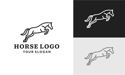 A minimalist line art logo design featuring a jumping horse, presented in three variations on white, black, and grey backgrounds.