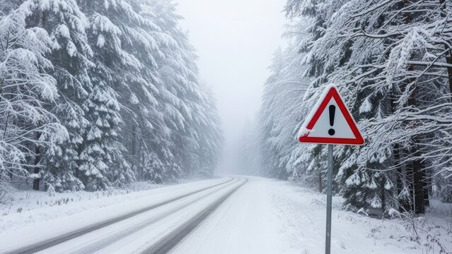 Snowy forest road with warning sign and fresh snow on trees symbolizing dangerous winter driving and reduced visibility - Powered by Adobe