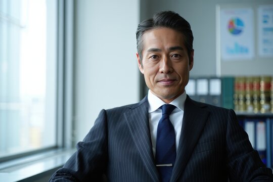 Law firm managing partner seated in executive office with confident composure