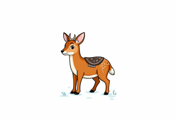 Obraz premium Charming Cartoon Deer Illustration with Saddle on Snowy Ground in Minimalist Winter Setting