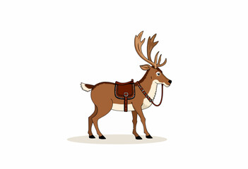 Fototapeta premium Illustration of a Standing Reindeer Decorated with a Saddle and Harness Enthusiastically Poised on a Simple Background Showcasing Its Majestic Antlers