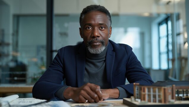 Conservation architect in design office with scale model, thoughtful and focused - Powered by Adobe