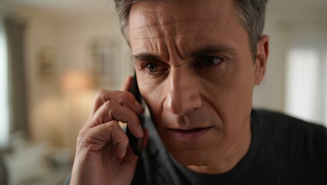 Middle-aged man on phone experiencing a tense difficult personal conversation