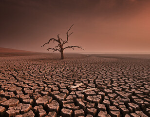 AI-generated image: Drought's devastation: Cracked earth, dead fish, and a lone dead tree under a Dune-like dusty haze. A powerful symbol of the climate crisis, ecological collapse, and water scarcity