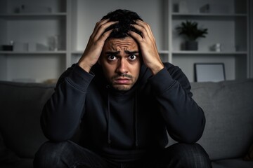 Stressed man clutching his head on a sofa, anxious expression at night alone
